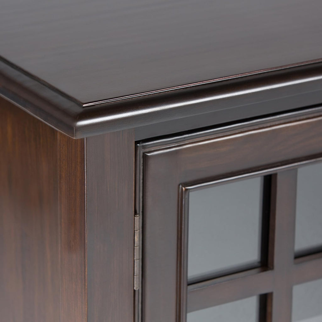 SIMPLIHOME Connaught Storage Cabinet - 46 inch Wide Solid Wood Tall Cabinet in Dark Chestnut Brown, Traditional Console for Living Room or Dining Room with Glass Doors, Adjustable Shelves, and Drawers