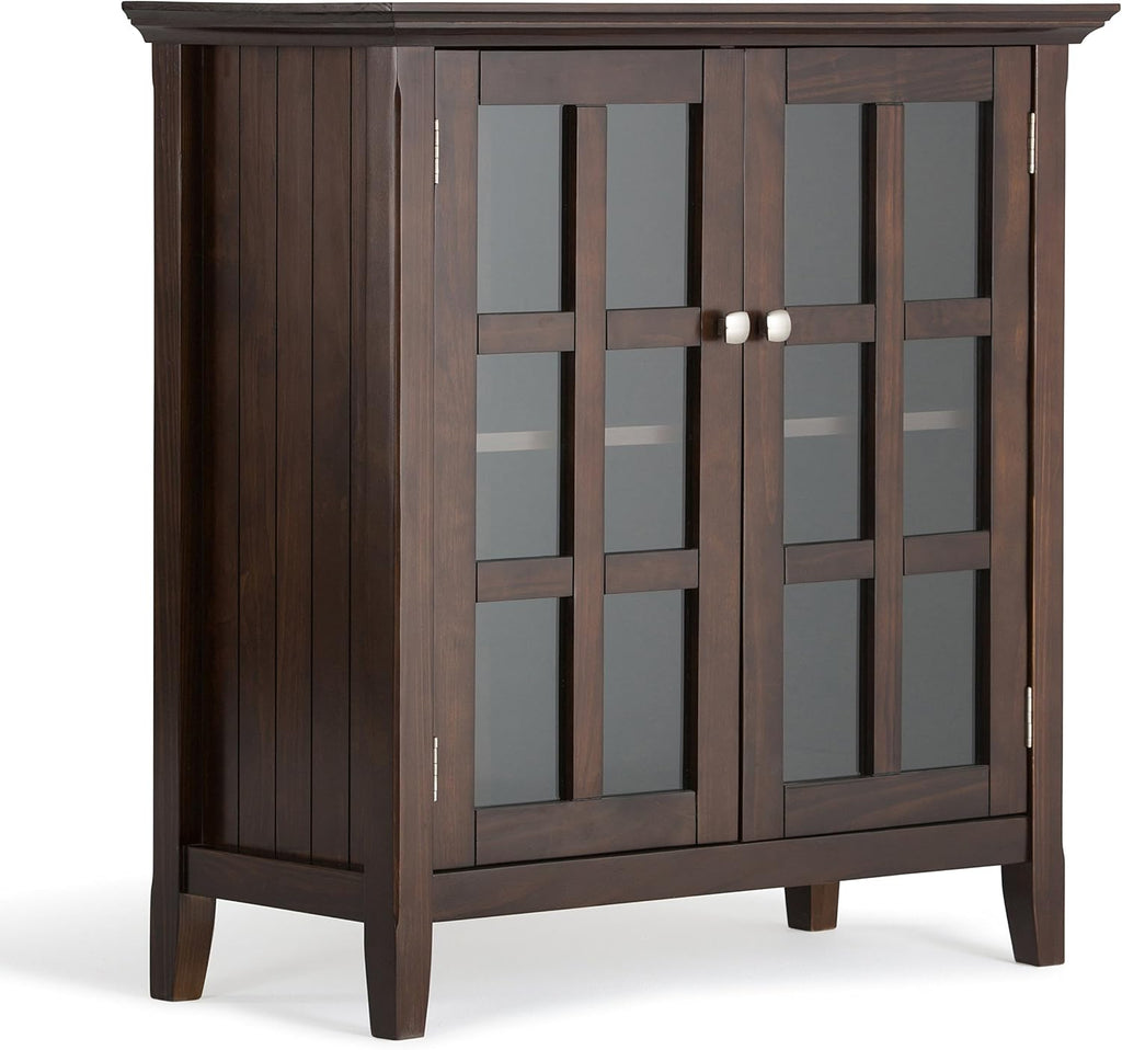 SIMPLIHOME Acadian Storage Cabinet - 35 inch Wide Solid Wood Low Storage Cabinet in Brunette Brown, Transitional Cabinet for Living Room or Entryway with Glass Doors and Adjustable Shelves