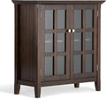 SIMPLIHOME Acadian Storage Cabinet - 35 inch Wide Solid Wood Low Storage Cabinet in Brunette Brown, Transitional Cabinet for Living Room or Entryway with Glass Doors and Adjustable Shelves
