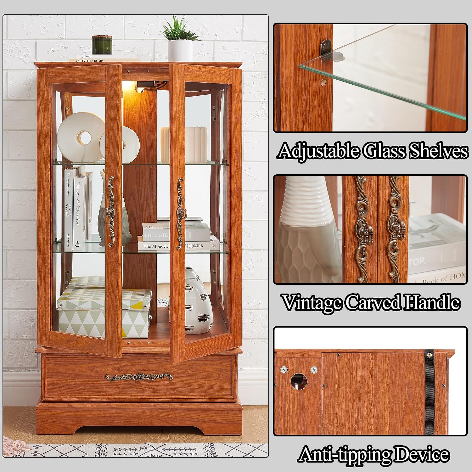 3-Tier Lighted Glass Curio Display Cabinet, 47' H Glass Accent Storage Cabinet with Adjustable Shelves & 1 Drawer, Wooden Wine Display Case with Mirrored Back Panel for Living Room(Dark Oak)