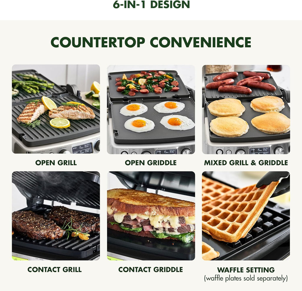 GreenPan Elite 7-in-1 Multi-Function Contact Grill & Griddle, Healthy Ceramic Nonstick Reversible Plates, Adjustable Shade & Shear, Closed Press/Open Flat Surface, PFAS-Free, Cream White