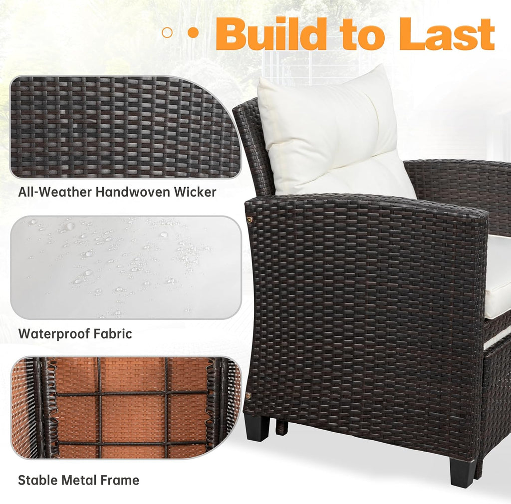 Shintenchi 5 Pieces Patio Furniture Set, Outdoor Wicker Patio Conversation Set with Ottoman, All Weather Rattan Outside Chairs with Coffee Table & Cushion for Porch, Garden, Backyard, Beige