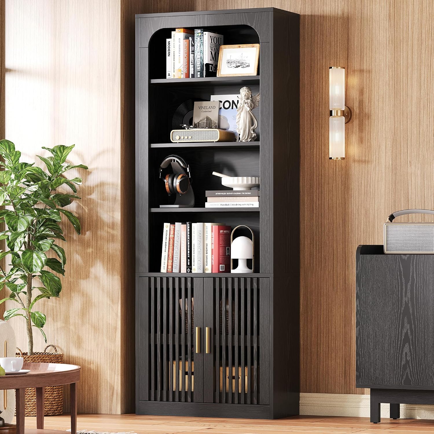 IRONCK Mid-Century Book Shelf, 6-Tier Floor Standing Bookcase with Grille Doors, Tall Storage Shelves for Display & Organizing, Suitable for Home Office, Living Room(Black)