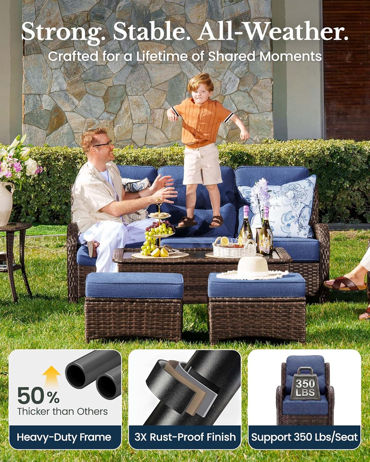 HILLGA 6-Piece Luxury Patio Furniture Set with 6' Thick Cushions, Weather-Resistant Wicker High Back Swivel Rocker Chairs, Senior-Friendly Outdoor Loveseat Set for Deck, Yard and Poolside, Blue(V2)
