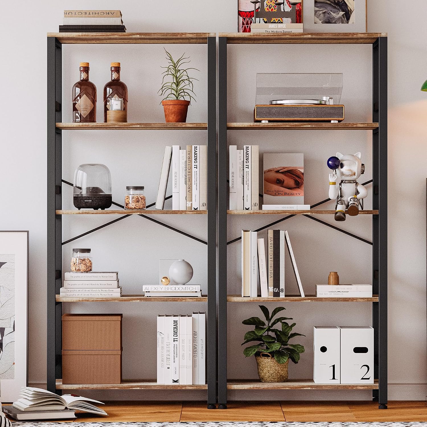 IRONCK Bookshelves and Bookcases, 31.5in Wide Shelf 5-Tier Ladder Shelf 110lbs/shelf Vintage Industrial Style Bookcase for Bedroom Living Room Home, Rustics Brown