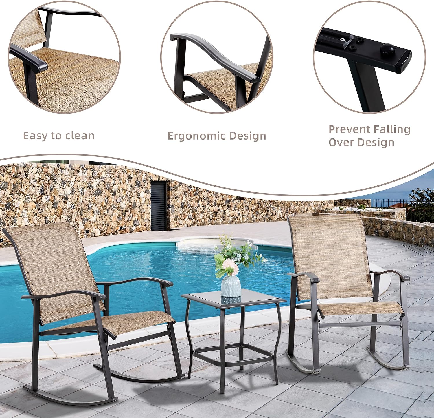 Vongrasig 3 Piece Outdoor Rocking Bistro Set, Textilene Fabric Small Patio Furniture Set, Front Porch Rocker Chairs Conversation Set with Glass Table for Lawn, Garden, Balcony, Poolside (Brown)