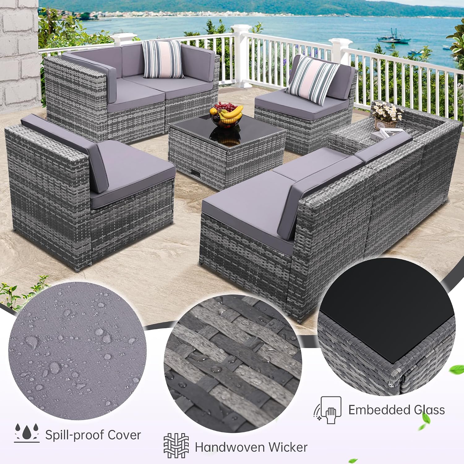 KROFEM 8-Piece Patio Furniture Set, Outdoor Wicker Rattan Sectional with Thick Cushions, Glass Top Table with Hidden Storage, Outdoor Conversation Set for Backyard, Porch, Patio, Grey