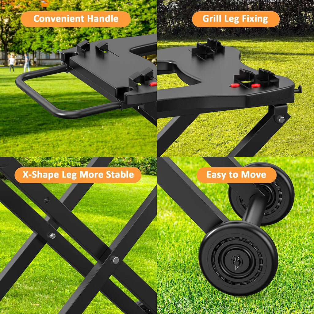 Portable Grill Cart for Weber Q Series Q100 Q1000 Q120 Q1200 Q200 Q2000 Q2200 Gas Grill, Collapsible Grill Stand Table for Weber Q1400 Q2400 Electric Grill, Outdoor Folding Trolley Grill Cart