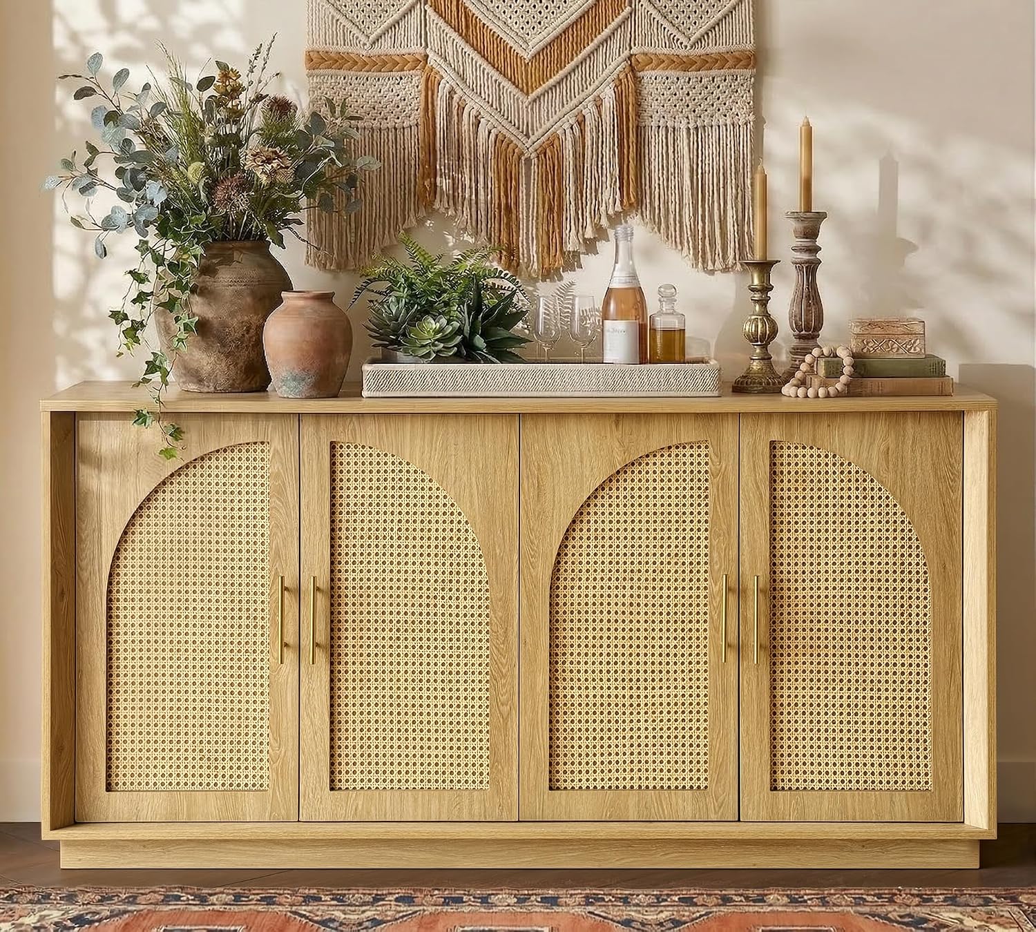 FORTUNETEC 63' Sideboard Buffet Cabinet with Storage, Modern Accent Cabinet with Rattan Arched Doors, Modular Media Console, Boho Credenza for Living Room Kitchen Dining Room Entryway, Oak