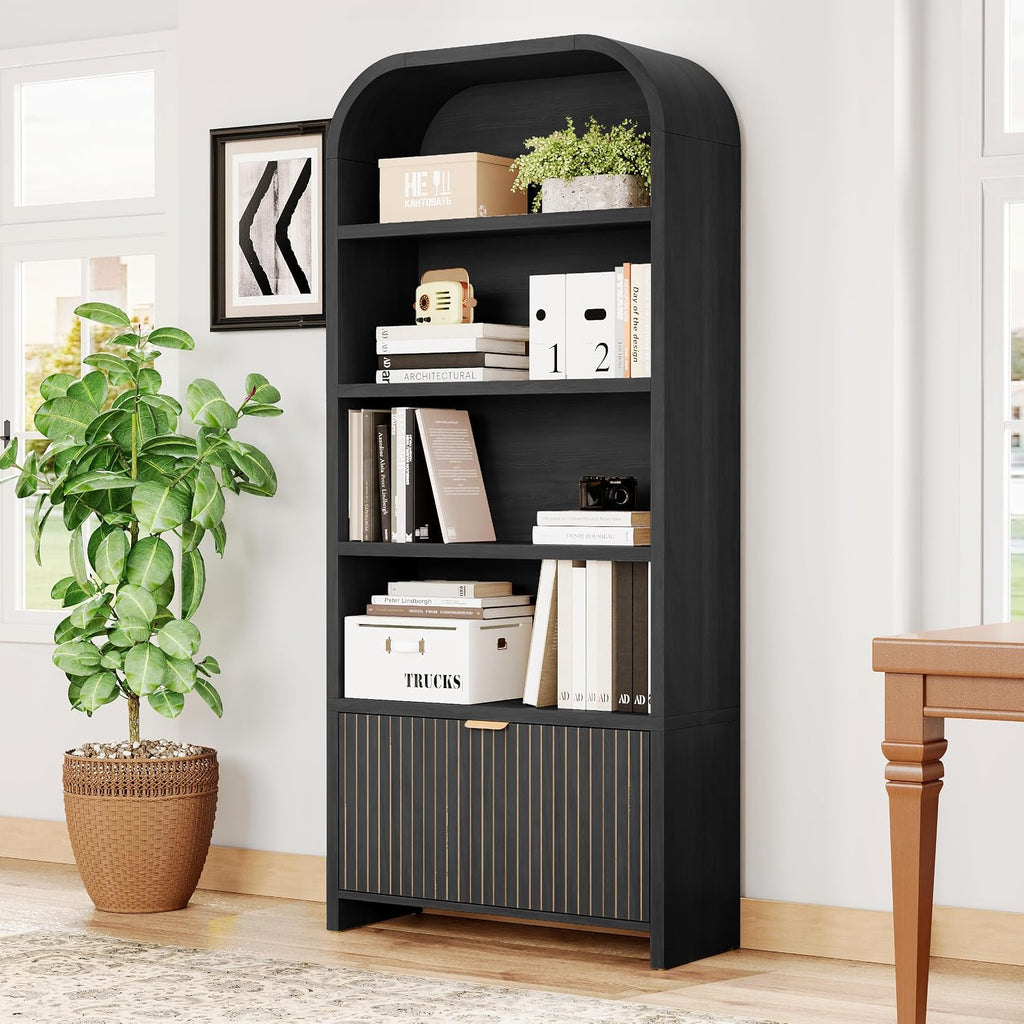 LEVNARY Arched Bookcase with Drawer, 70' Tall 5-Tier Bookshelf with Fluted Carved Drawer, Freestanding Display Storage Cabinet for Living Room Bedroom Home Office (Black)