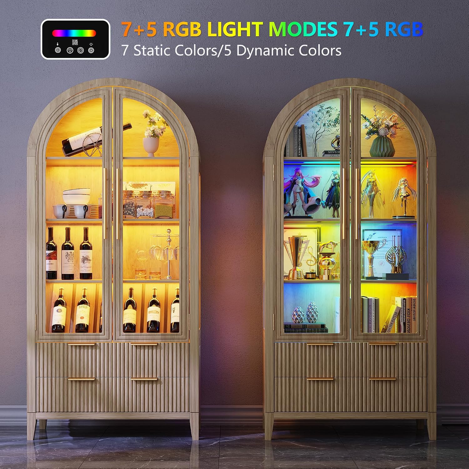 LVSOMT 71' Tall Arched Storage Cabinet with Glass Doors and Drawers, Curio Display Cabinet with Adjustable RGB Light & Human Sensor, 4-Tier China Cabinet for Living Room(Wood)