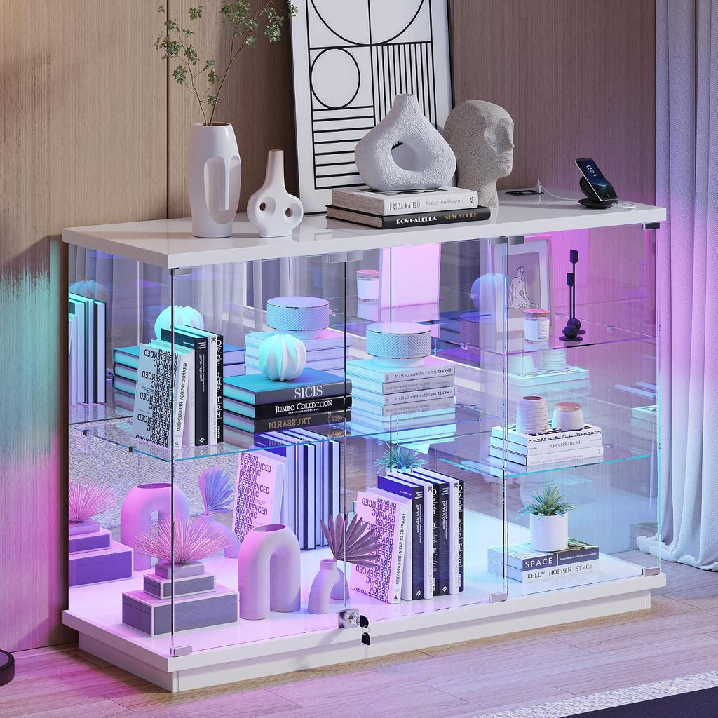 Lvifur RGB High Gloss Display Cabinet - with Lock, Curio Cabinet with Human Body Sensor & Glass Shelves for Toys, Books, Collectibles, Liquor, Bookcase for Living Room, Kitchen, Study, White
