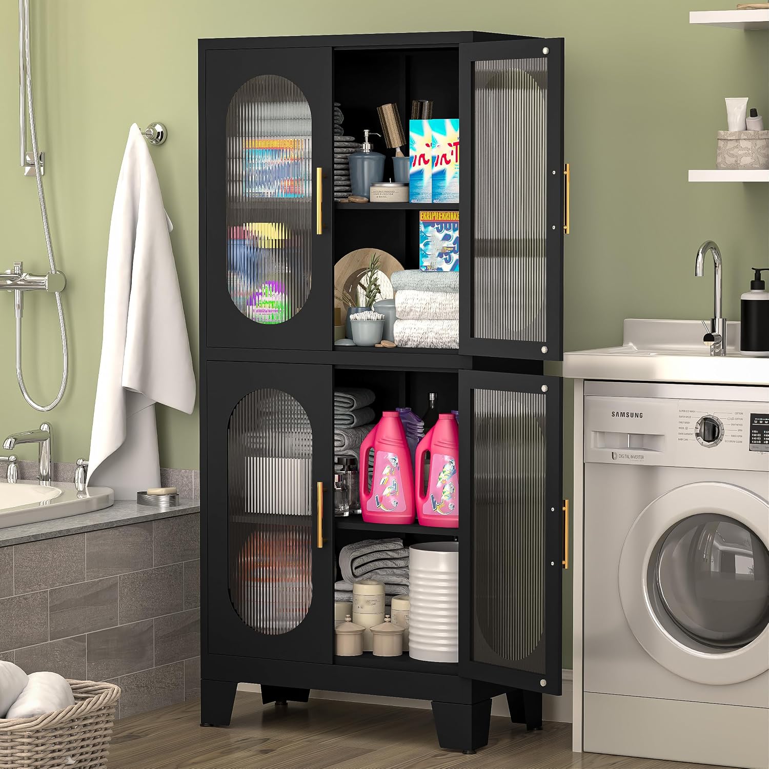 GAIOUS Black Metal Display Cabinet with Acrylic Doors, Kitchen Pantry Cabinets with 4 Adjustable Shelves and Feet, Tall Versatile Storage for Kitchen, Bedroom, Bathroom, Entryway, and Office