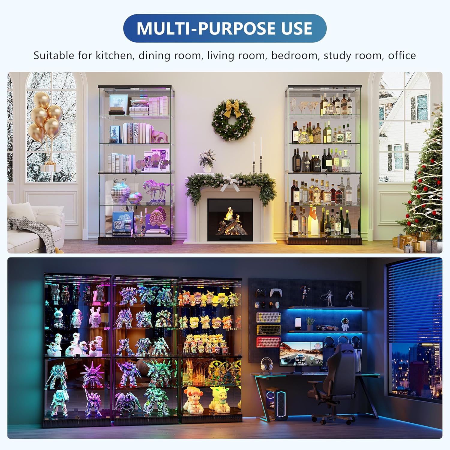 Glass Display Cabinet with RGB Lights - 5-Tiers Curio Cabinet Display Case with Lock, Frameless Tall Showcase Display Shelf for Collectibles & Legos, Living Room Bookcase Storage Cabinet (Black)