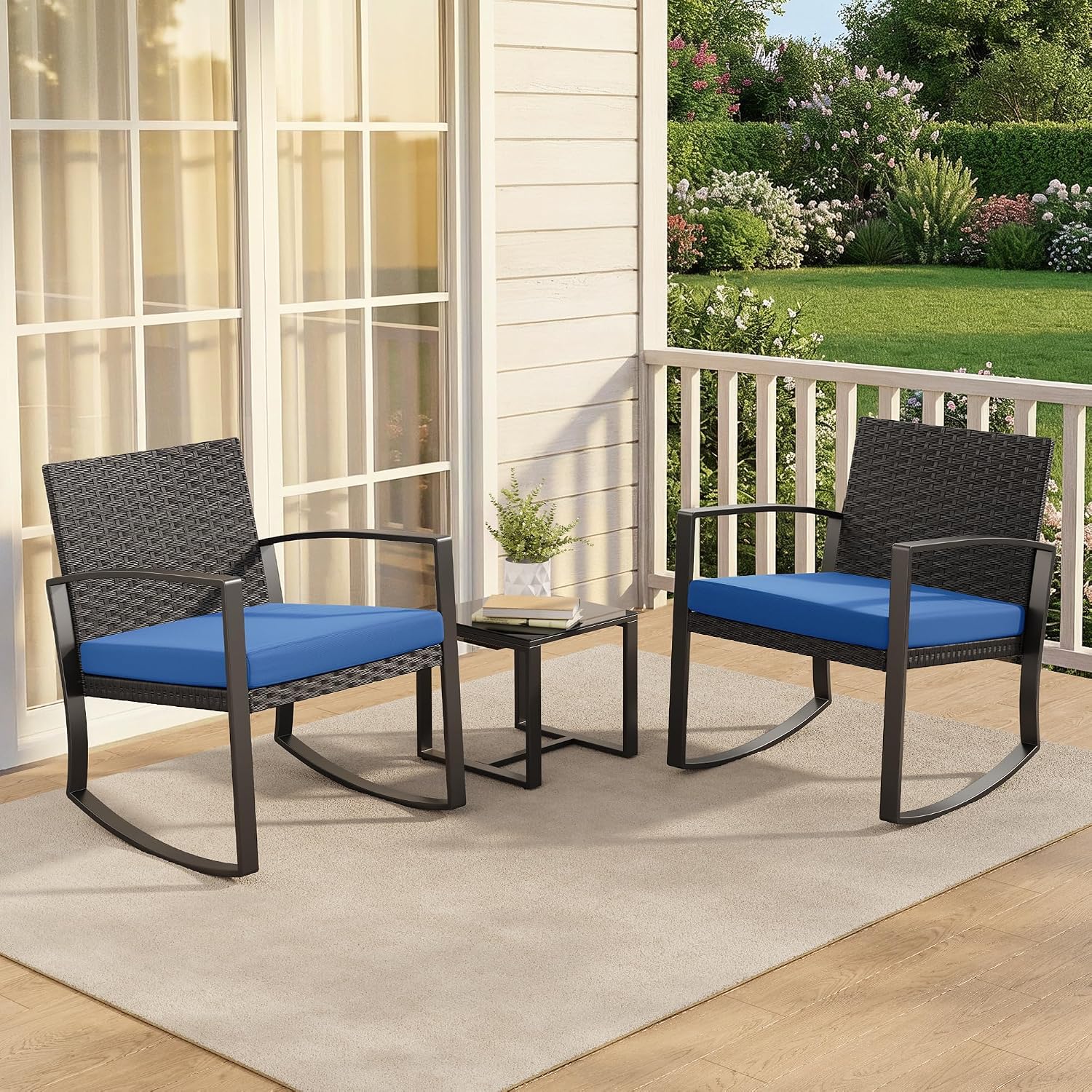 Qsun 3 Piece Patio Bistro Set Patio Furniture Set Outdoor Wicker Rocking Furniture Conversation Set with Tempered Glass Coffee Table for for Front Porch Balcony and Deck (Blue Cushion)