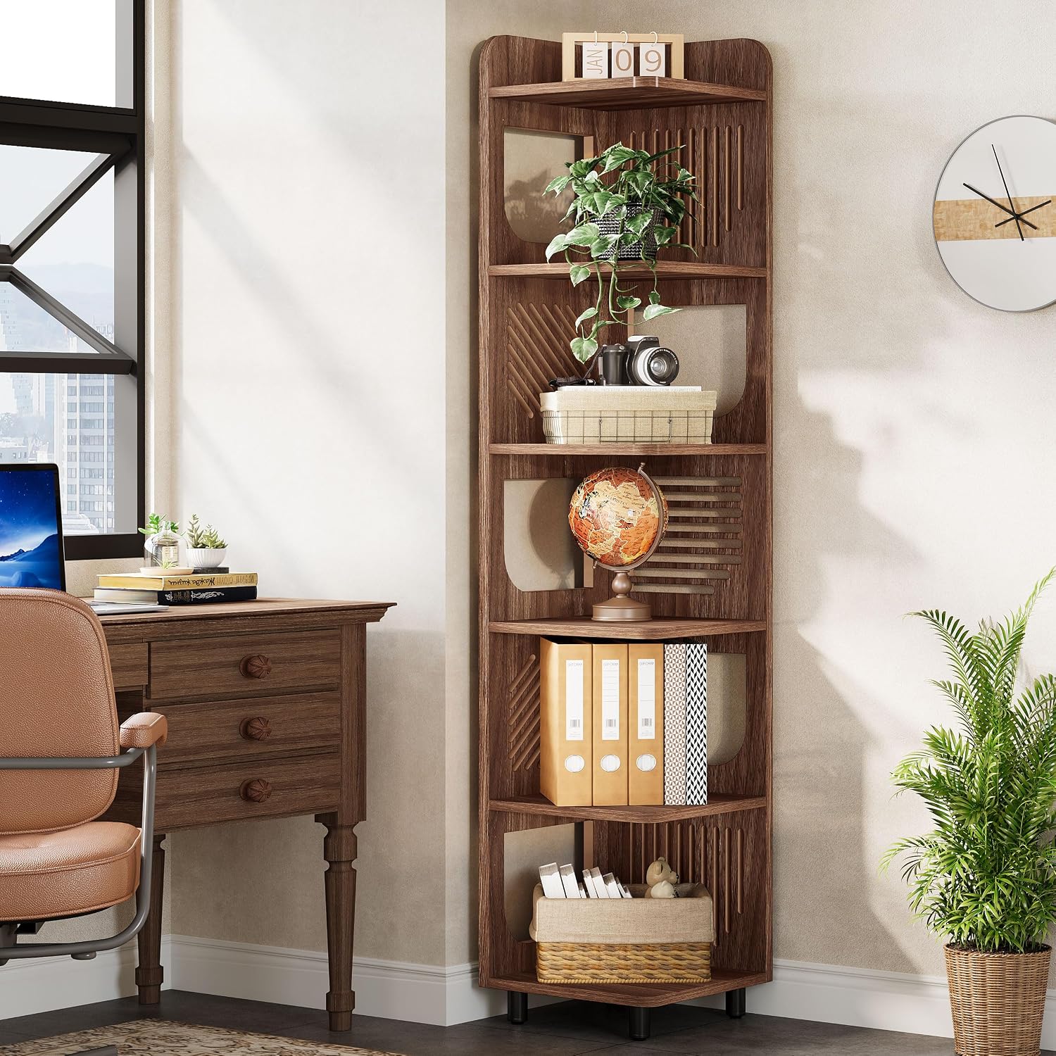 Tribesigns 6-Tier Tall Corner Shelf, 71-Inch Rustic Narrow Corner Bookshelf Bookcase with Square Rack, Freestanding Corner Display Storage Shelf Organizer for Living Room, Kitchen, Office, Brown