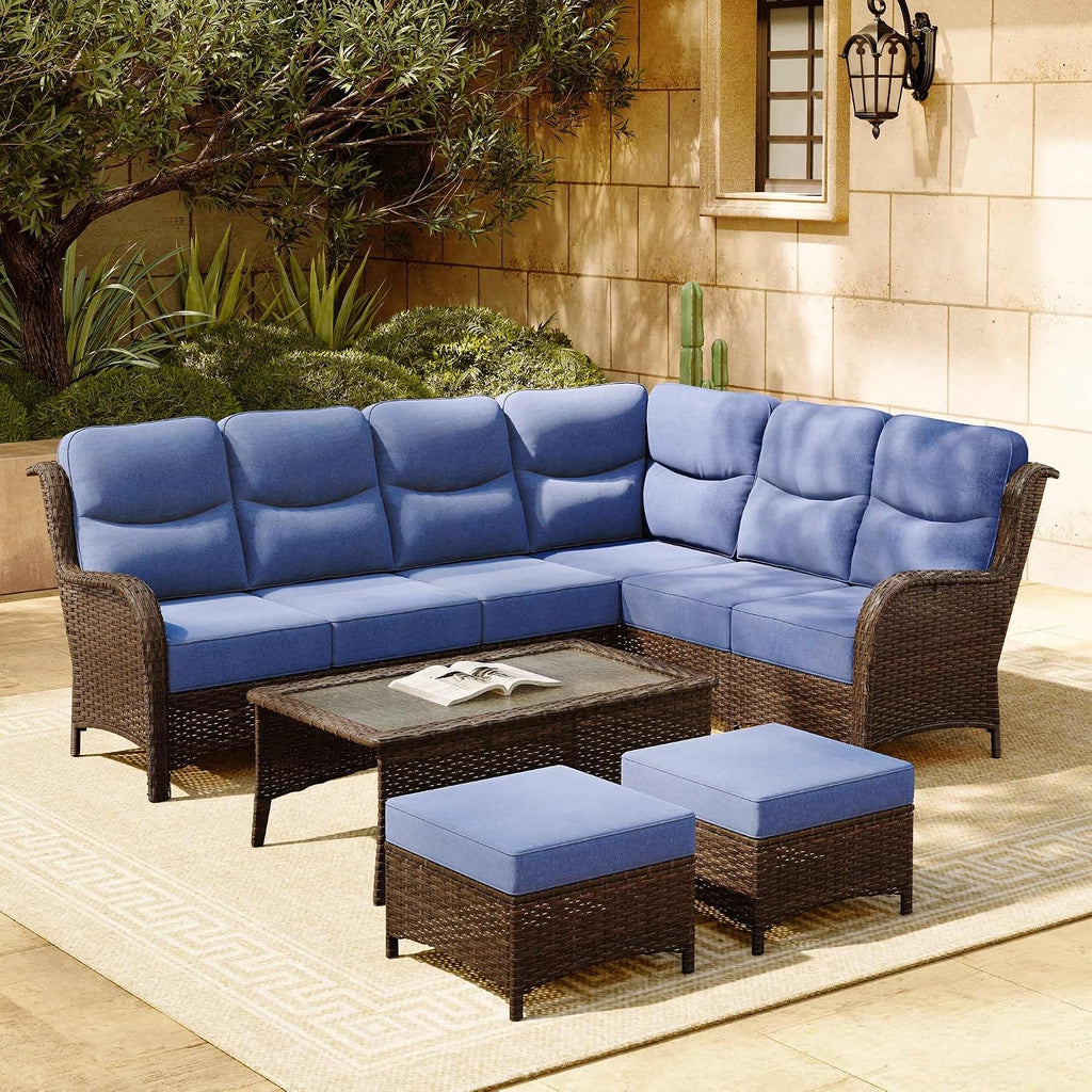 HILLGA 4-Piece Luxury Patio Furniture Set with 6' Thick Cushions, Weather-Resistant Wicker High Back Swivel Rocker Chairs,Senior-Friendly Outdoor Corner Sofa Set for Deck,Yard and Poolside,Blue(V2)