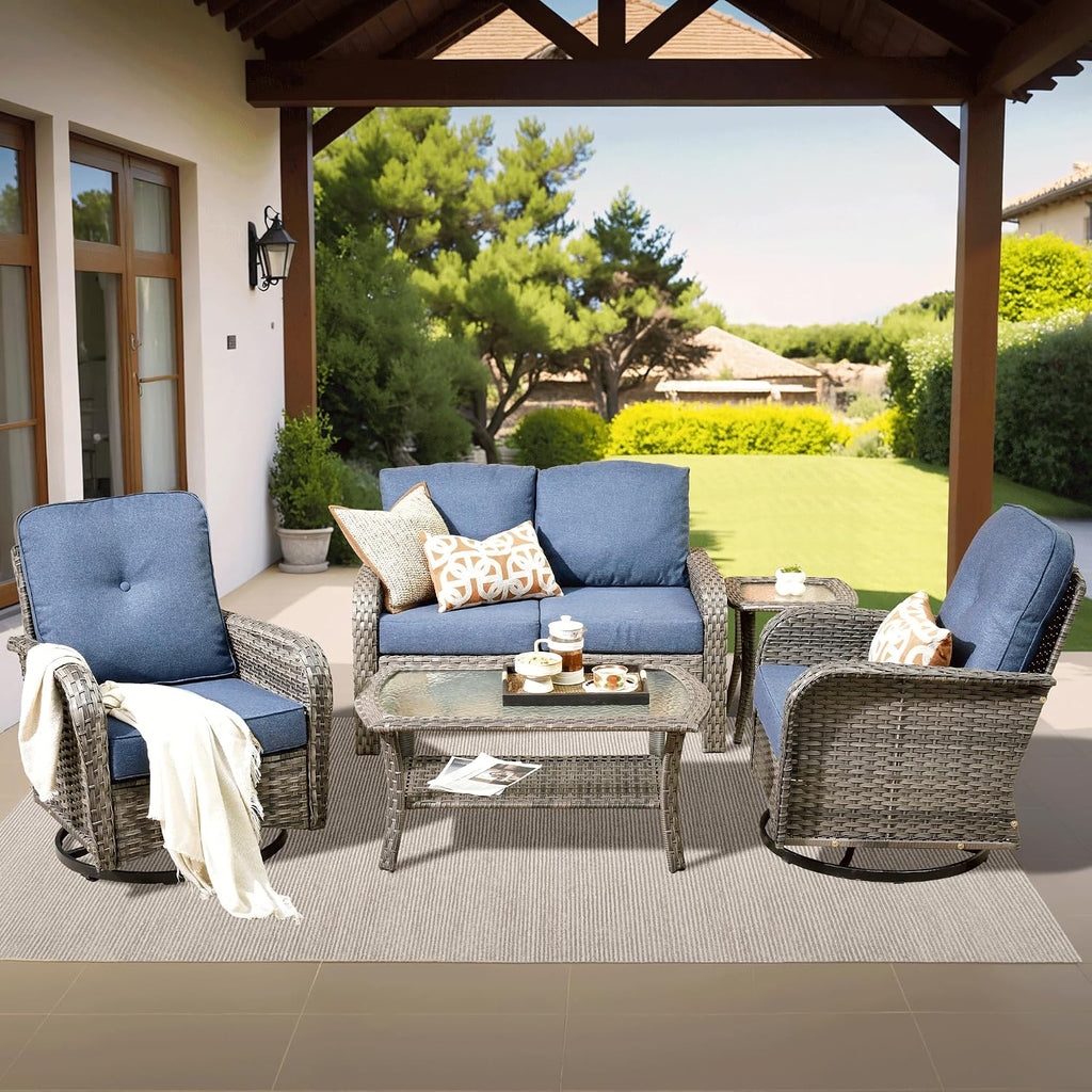 ovios 5-Piece Patio Furniture Set, Outdoor Wicker Sofa with Swivel Chairs Coffee Table, High Back Rattan Couch Loveseat with Comfy Cushions for Porch Yard Deck, Denim Blue