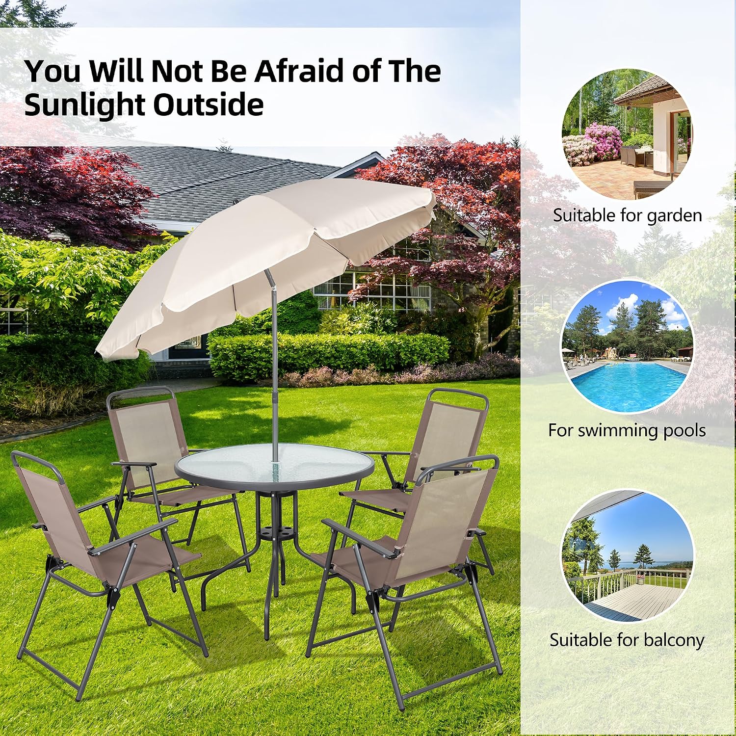 Vongrasig 6 Pieces Folding Patio Dining Set, All Weather Small Metal Outdoor Table and Chair Set, Garden Patio Furniture Set w/Umbrella, Glass Table & 4 Folding Chairs for Lawn, Backyard, Brown
