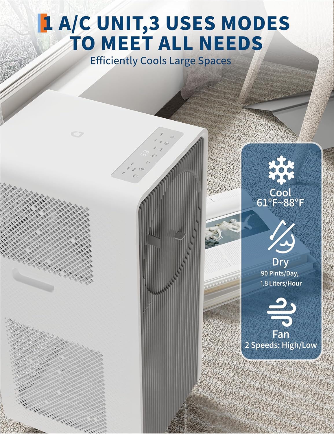 GarveeTech 14,000 BTU Drainage-free Portable Air Conditioner for Indoor Rooms, 3 in-1 AC Unit for Bedroom 225-300 Sq.Ft, Dehumidifier, Fan, Sleep Mode, 24 Timer, Remote Control, Window Kits, Grey