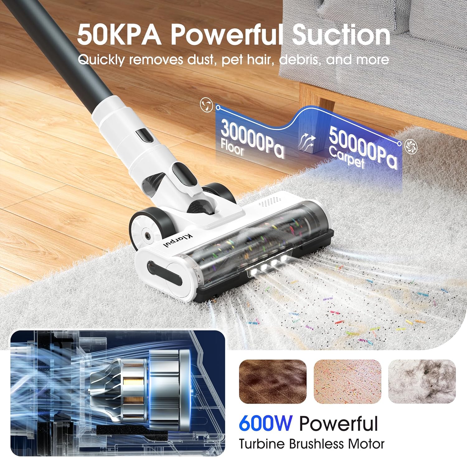 Cordless Vacuum Cleaner, 600W 50KPA 70Mins Runtime Fast Charging Vacuum Cleaner, Self-Standing LED Light Touch Screen Stick Vacuum for Home Light Weight,for Pet Hair/Carpet/Floor, White
