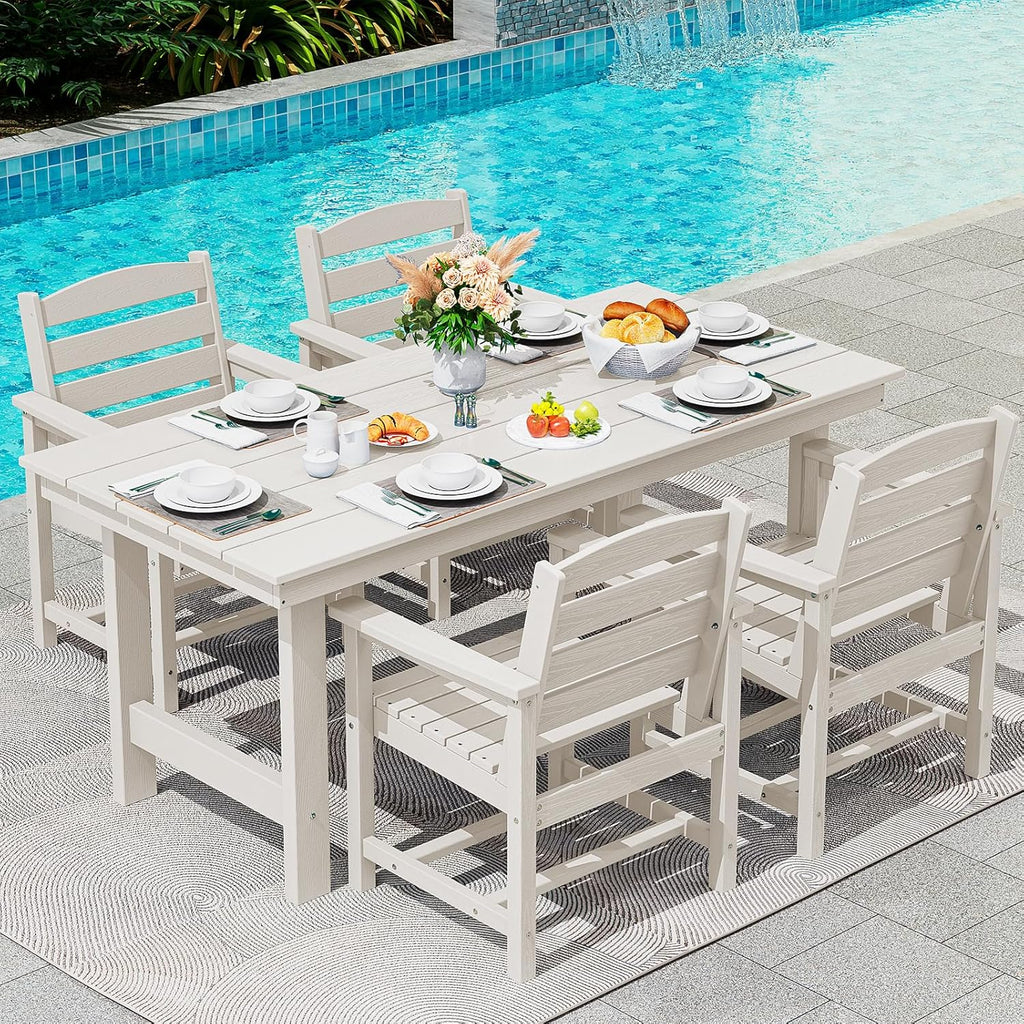 SERWALL HDPE Outdoor Dining Table for 6, 67' Rectangle Patio Dining Table with Umbrella Hole, White
