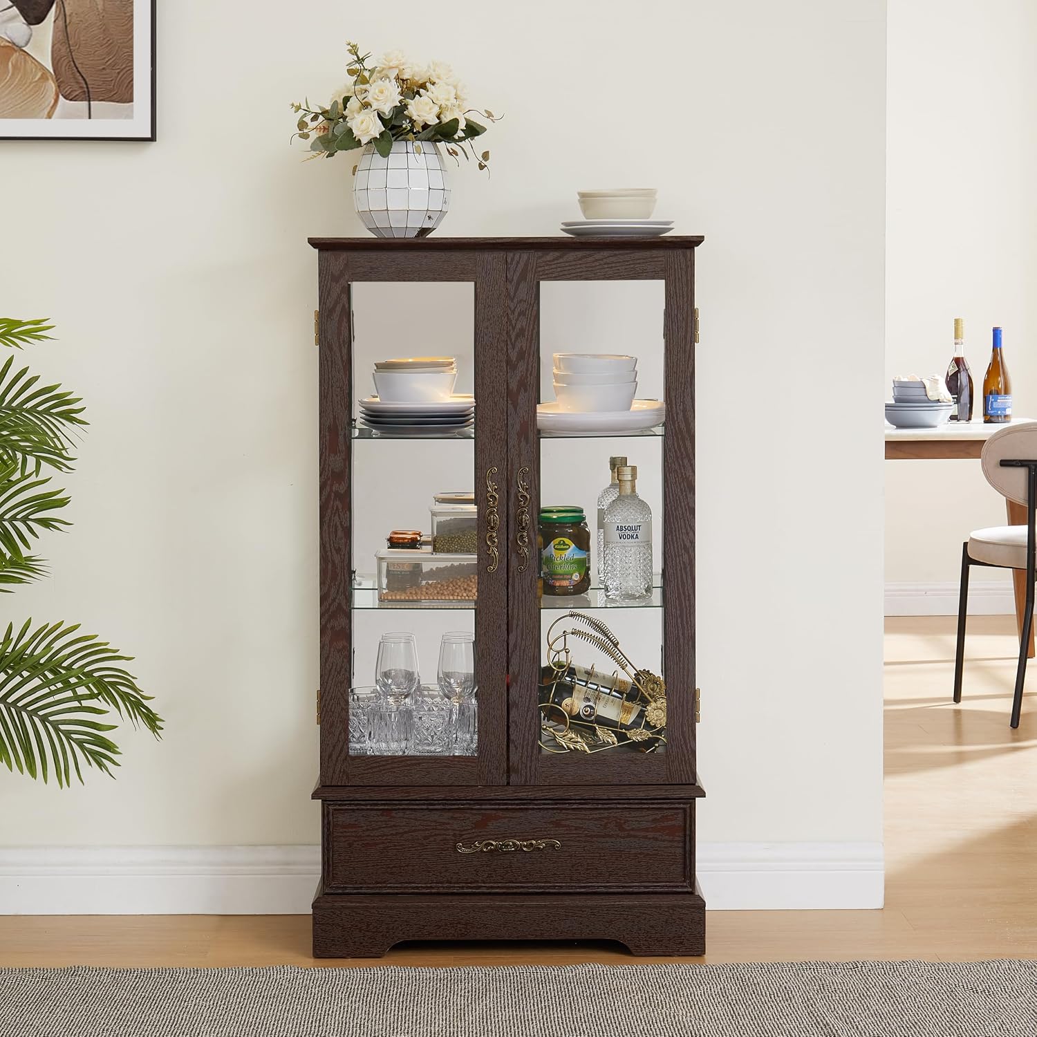 47' H Lighted Curio Cabinet Display Case, Glass Case with Adjustable Shelves,Tempered Glass Door and Drawer, Wooden Curio Cabinet with Mirrored Back Pane for Living Room (Dark Cherry)