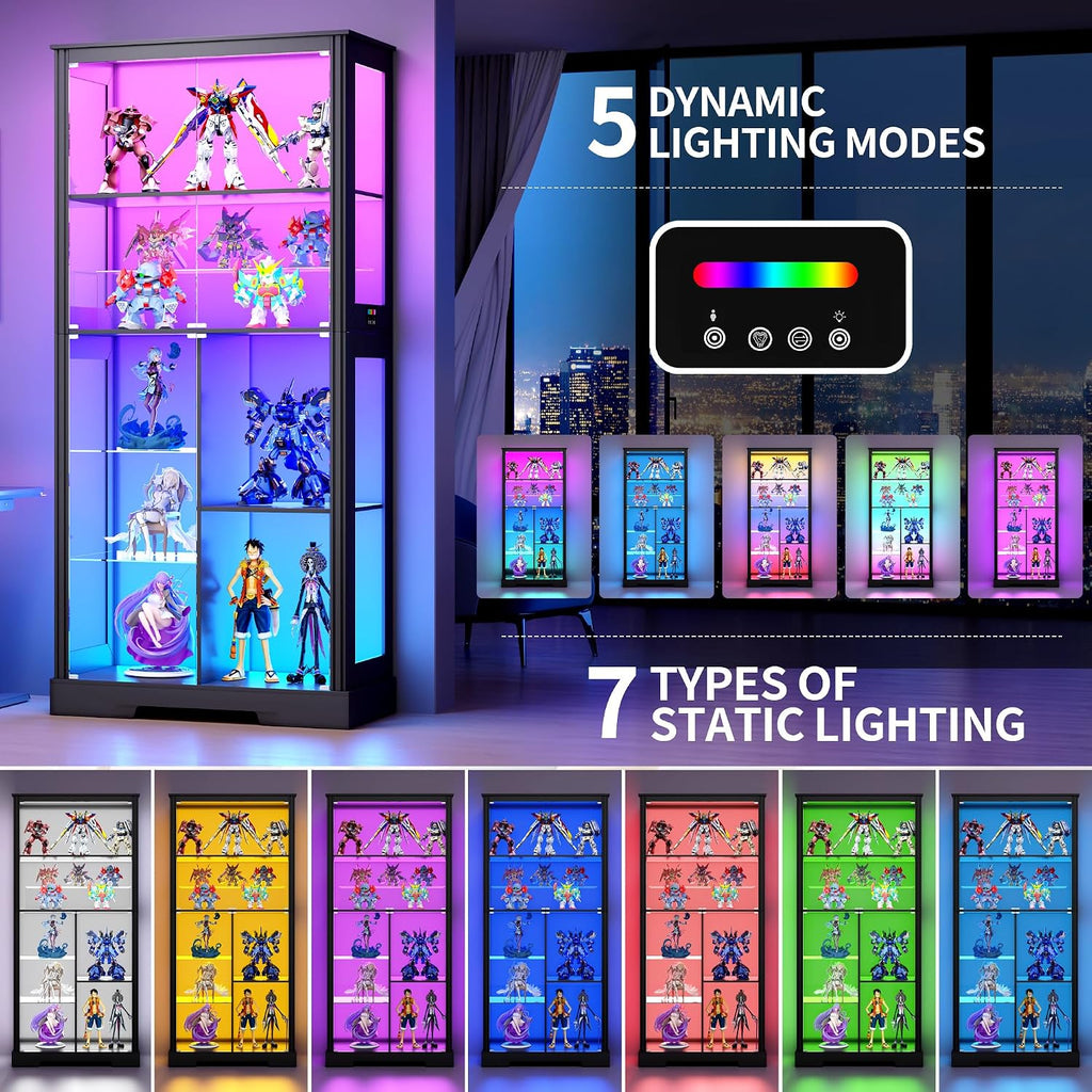 HNEBC Glass Display Cabinet with RGB Lights, 71'' Curio Cabinet with Glass Doors, 5-Tier Display Cases and Human Sensor, Bookcases for Collectibles, Books,Toys, Black