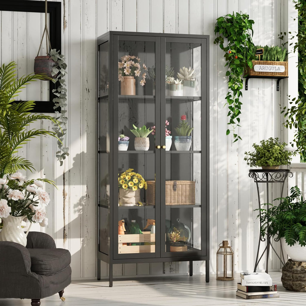 UNICOLY Glass Display Cabinet 4-Tier, Display Cabinet with Glass Doors, Curio Cabinet with Tempered Glasses Doors,Metal Storage Cabinets for Living Room, Plant, Assembly Required, Black