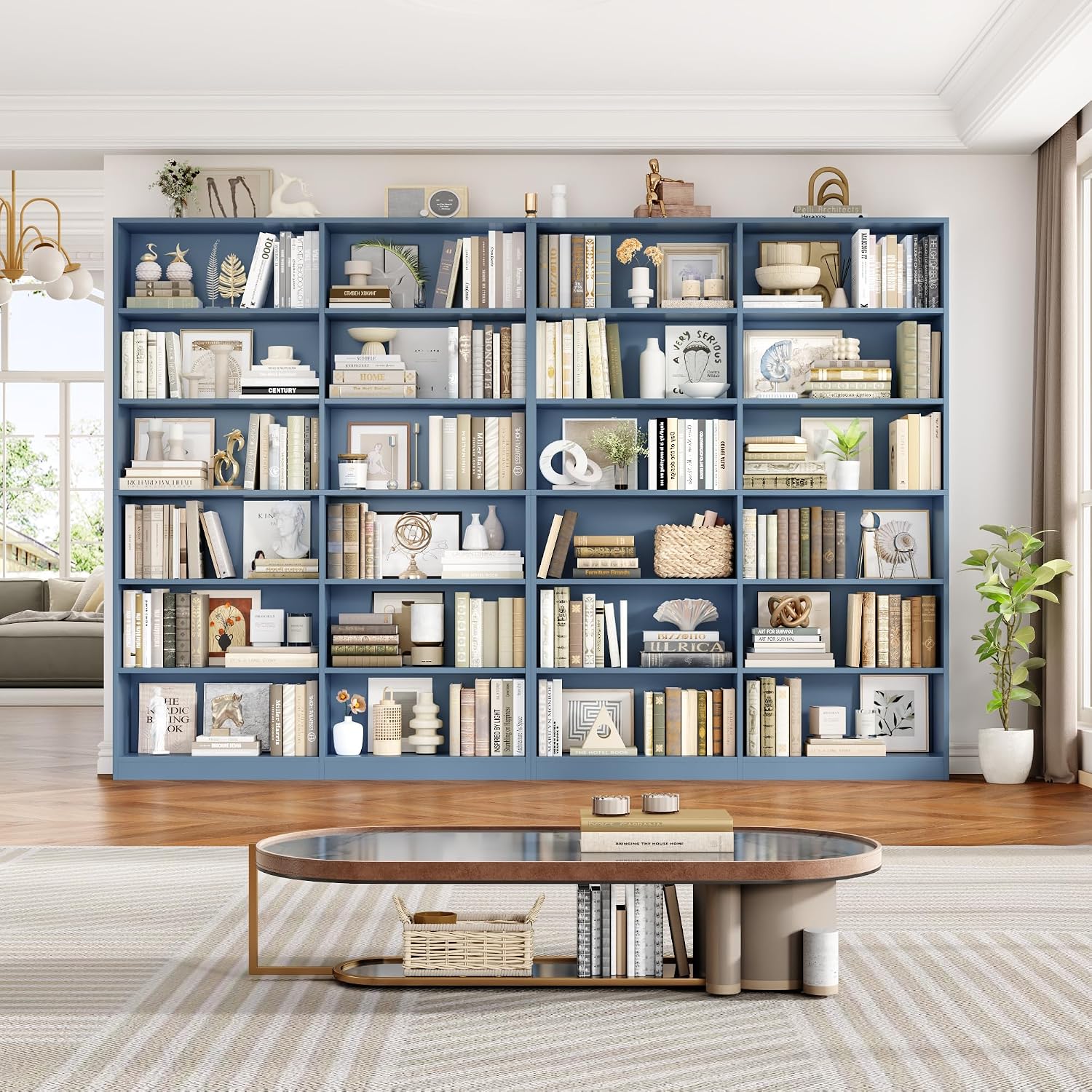 FACBOTALL Bookshelf and Bookcase, 6-Tier Double Wide Bookshelves, Freestanding Display Storage Shelves, Tall Bookcases for Home Decor Bedroom, Living Room, Home Office, Blue