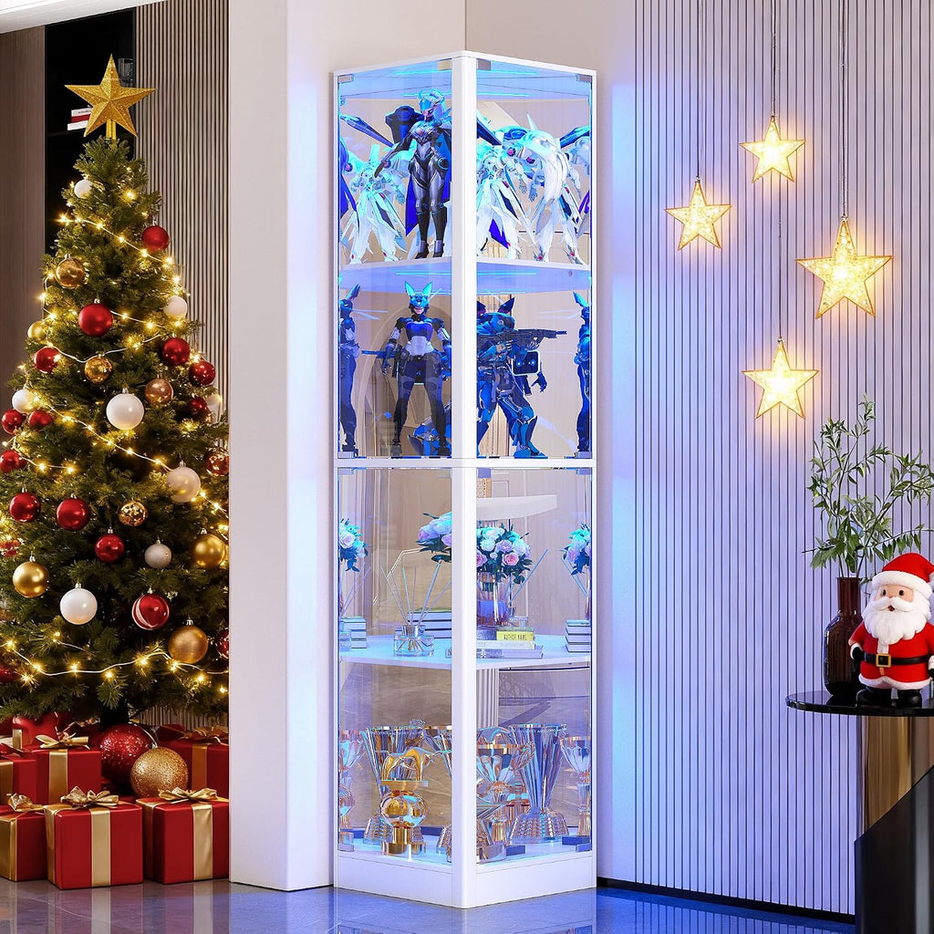 Corner Display Cabinet with Glass Doors, 4 Tier Corner Shelf with LED Lights, 68' Display Case for Collectibles, Toys, Books, Curio Storage Cabinet, White