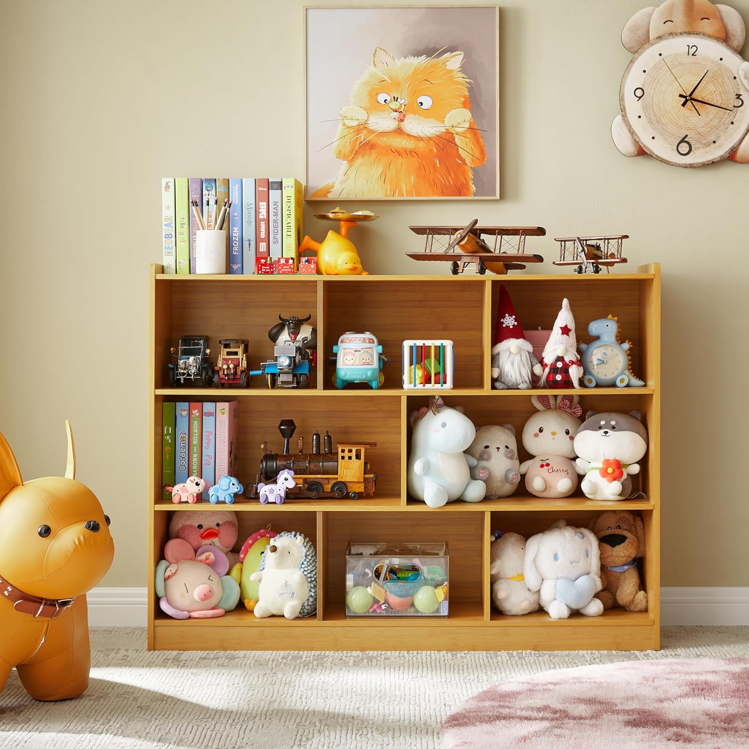 3-Tier Bookshelf, 8-Section Wooden Bookcase, Storage Organizer with Anti-Tilt Device, Modern Storage Display Cabinet for Living Room, Classroom, Kid's Room (Natural), FJHL-011YE