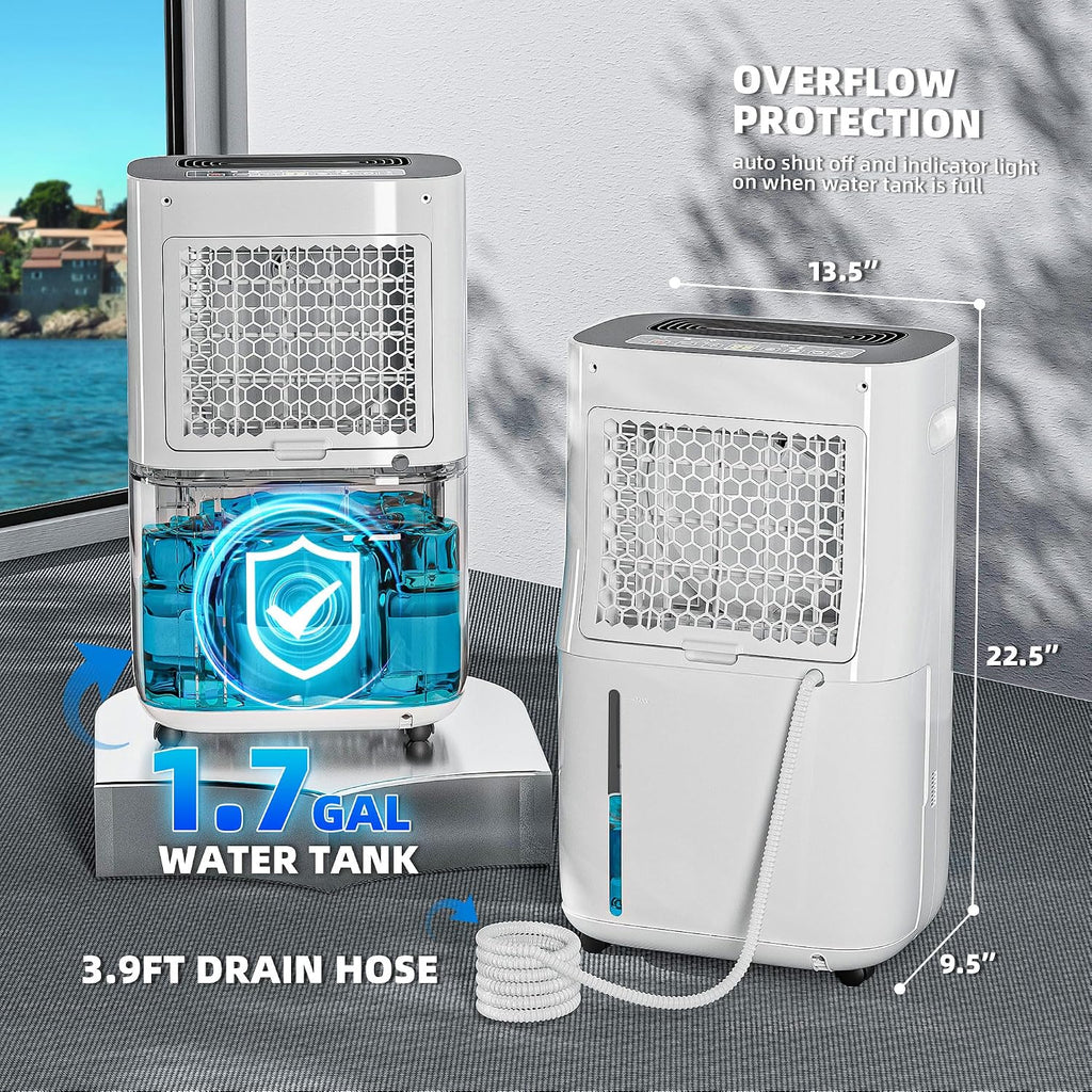 5,000 Sq.Ft 80 Pint Dehumidifier for Basements and Home-with Drain Hose,1.7Gallon Water Tank,Intelligent Humidity Control,Dual Protection and 4 Modes,for Large room
