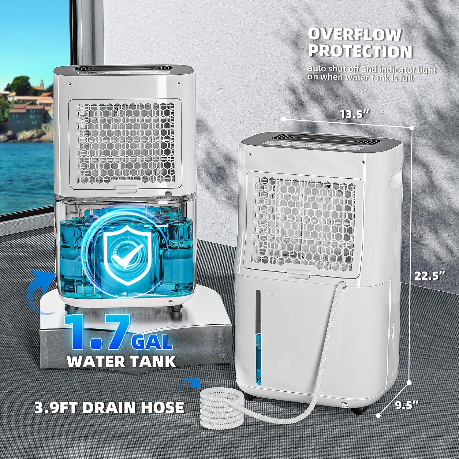 5,000 Sq.Ft 80 Pint Dehumidifier for Basements and Home-with Drain Hose,1.7Gallon Water Tank,Intelligent Humidity Control,Dual Protection and 4 Modes,for Large room
