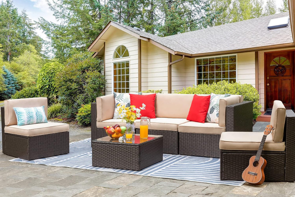 Vongrasig 6 Pieces Outdoor Patio Furniture Set, PE Wicker Rattan Sectional Sofa Small Patio Conversation Sets with Coffee Table for Garden, Backyard, Poolside (Beige)