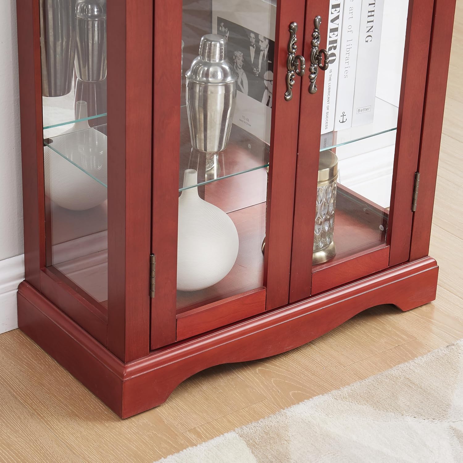 Lighted Glass Curio Cabinet with Lights & Adjustable Shelves,Curio Display Cabinet with Wood Frame,Corner Cabinet for Kitchen,Living Room,Office