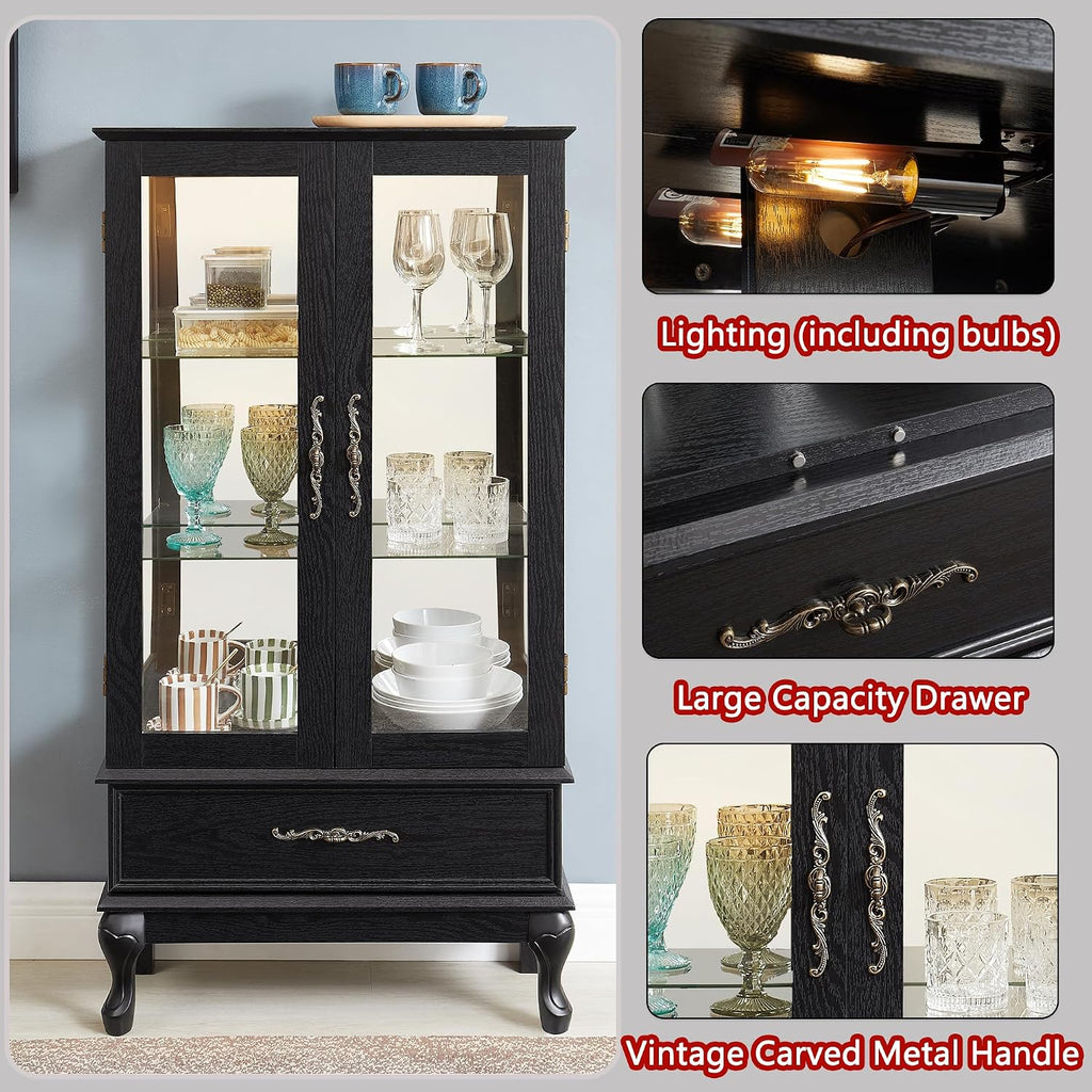 51' H Lighted Glass Curio Display Cabinet with 2 Doors & 1 Drawer, Wooden Glass Curio Showcase w/Adjustable Shelves & Mirrored Back Panel, Storage Cabinet Display Case for Living Room (Black)