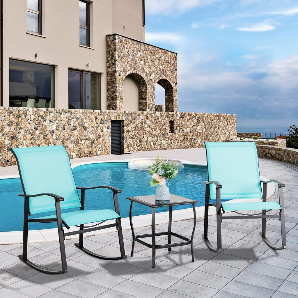 Vongrasig 3 Piece Outdoor Rocking Bistro Set, Textilene Fabric Small Patio Furniture Set, Front Porch Rocker Chairs Conversation Set with Glass Table for Lawn, Garden, Balcony, Poolside (Blue)