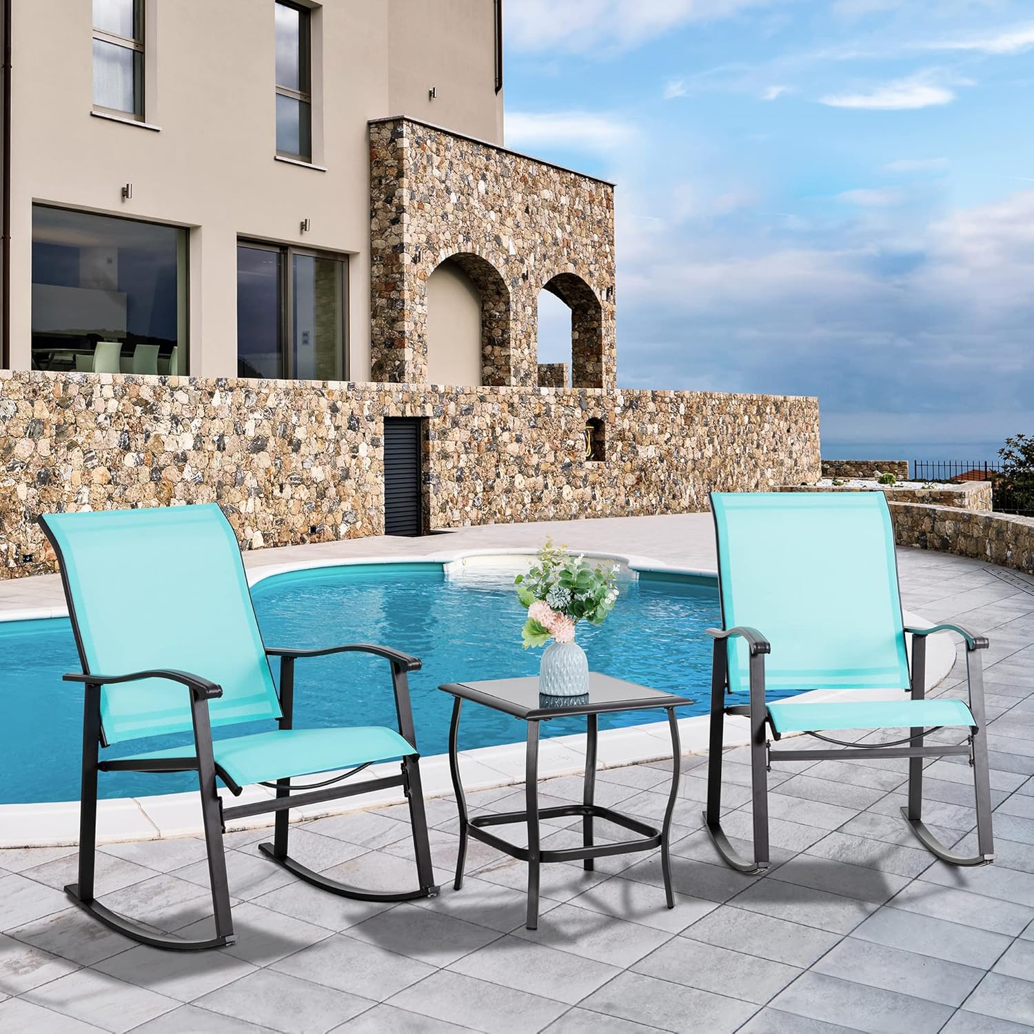 Vongrasig 3 Piece Outdoor Rocking Bistro Set, Textilene Fabric Small Patio Furniture Set, Front Porch Rocker Chairs Conversation Set with Glass Table for Lawn, Garden, Balcony, Poolside (Blue)