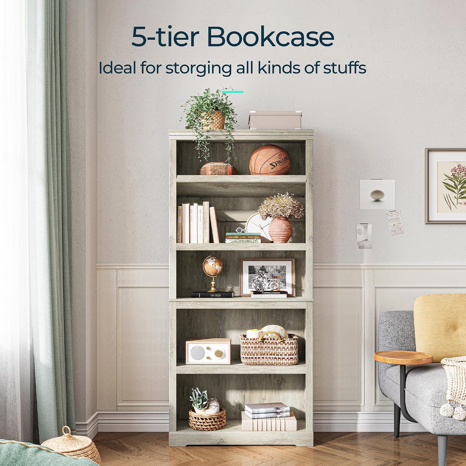 LINSY HOME 5-Shelf Bookcase, Bookshelves Floor Standing Display Storage Shelves 68 in Tall Bookcase Home Decor Furniture for Home Office, Living Room, Bed Room - Light Brown