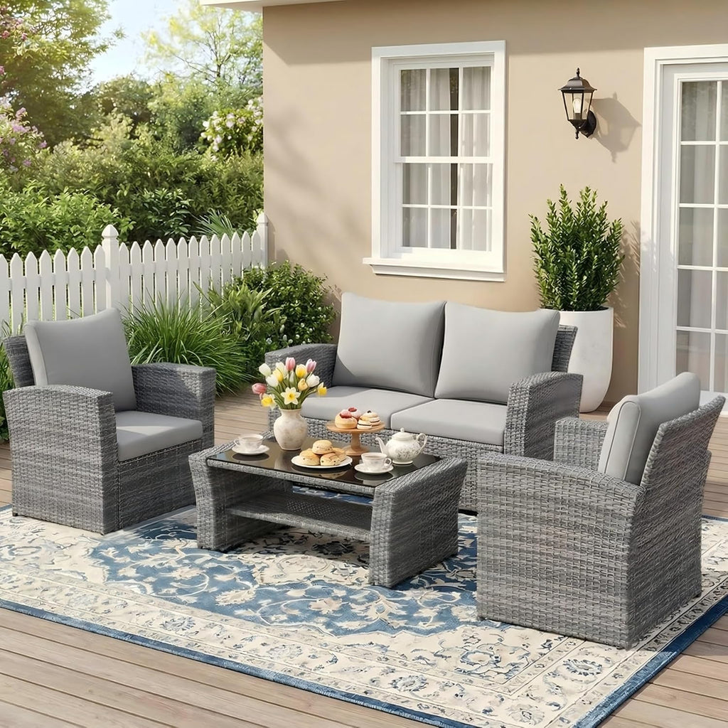 Wisteria Lane Patio Furniture Set, Wicker Outside Outdoor Furniture for All Weather, Patio Sofa with High Backrest Support and Wide Armrest for Backyard, Balcony, Deck, Porch, Ash Gray