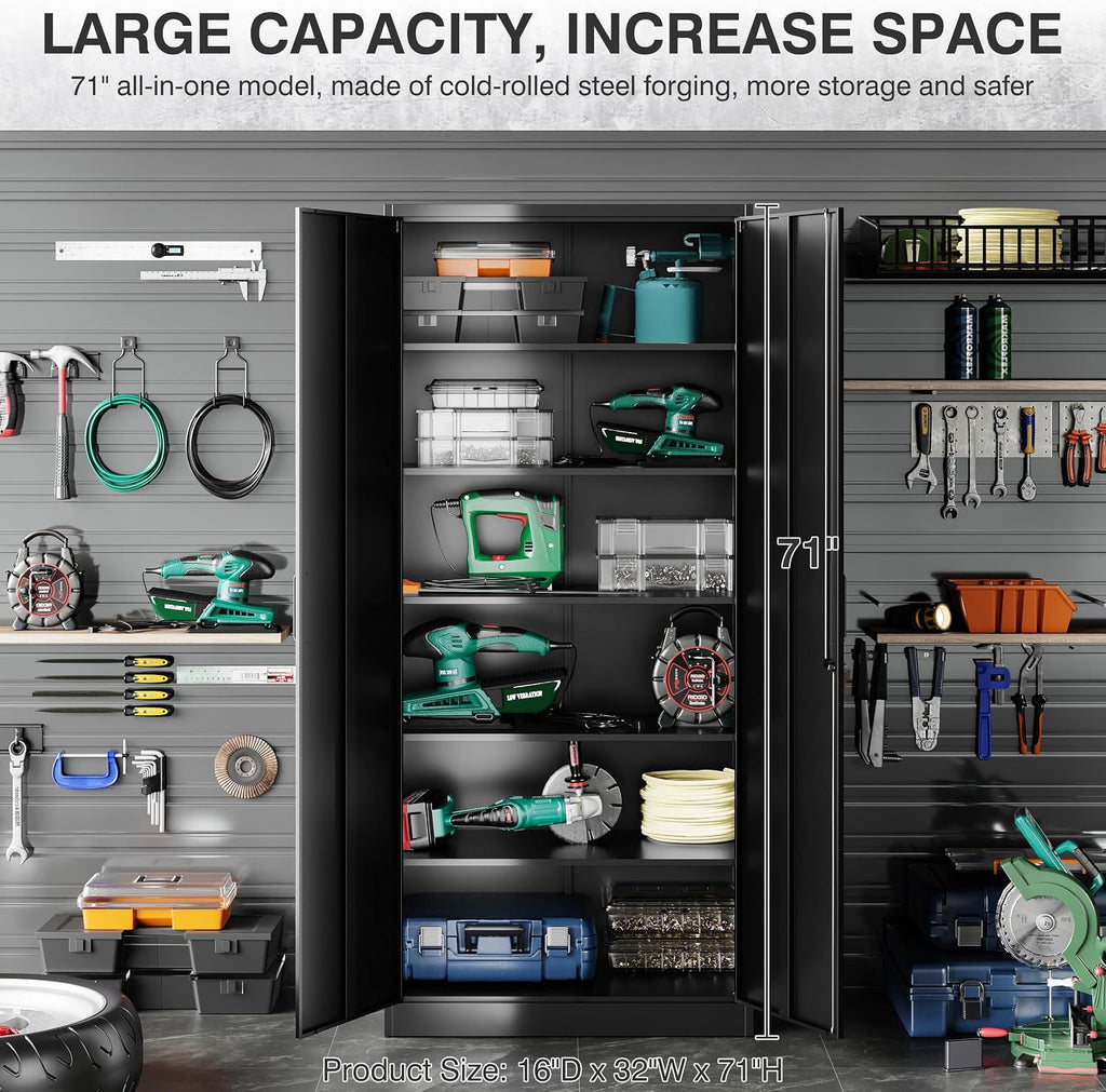 SISESOL Metal Storage Cabinet with 2 Doors and 6 Shelves,Black Metal Cabinet with Lock,71' Lockable Garage Storage Cabinets,Locking File Cabinet,Steel Tool Cabinets for Home,Office,Garage,Shop,School
