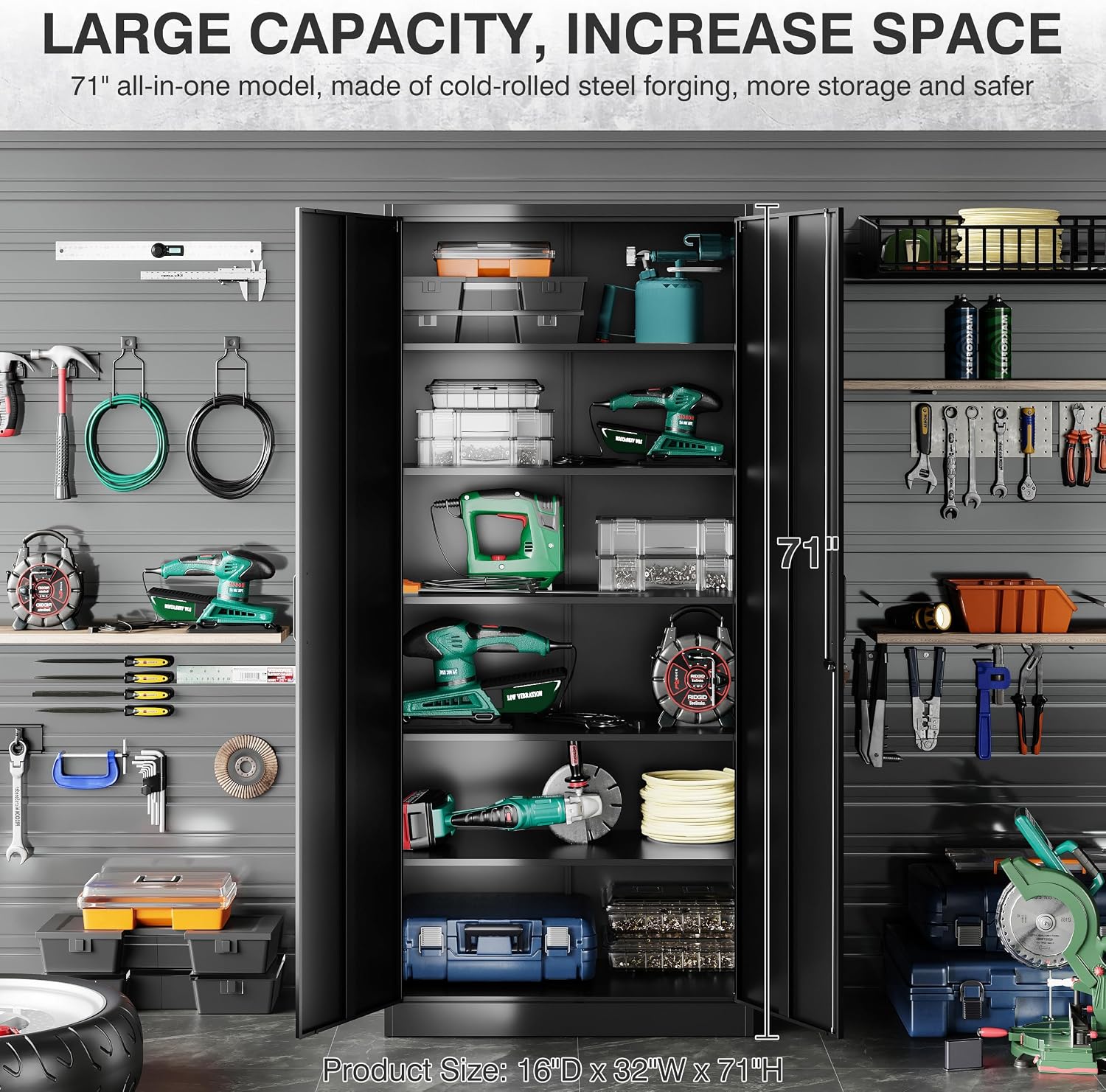 SISESOL Metal Storage Cabinet with 2 Doors and 6 Shelves,Black Metal Cabinet with Lock,71' Lockable Garage Storage Cabinets,Locking File Cabinet,Steel Tool Cabinets for Home,Office,Garage,Shop,School