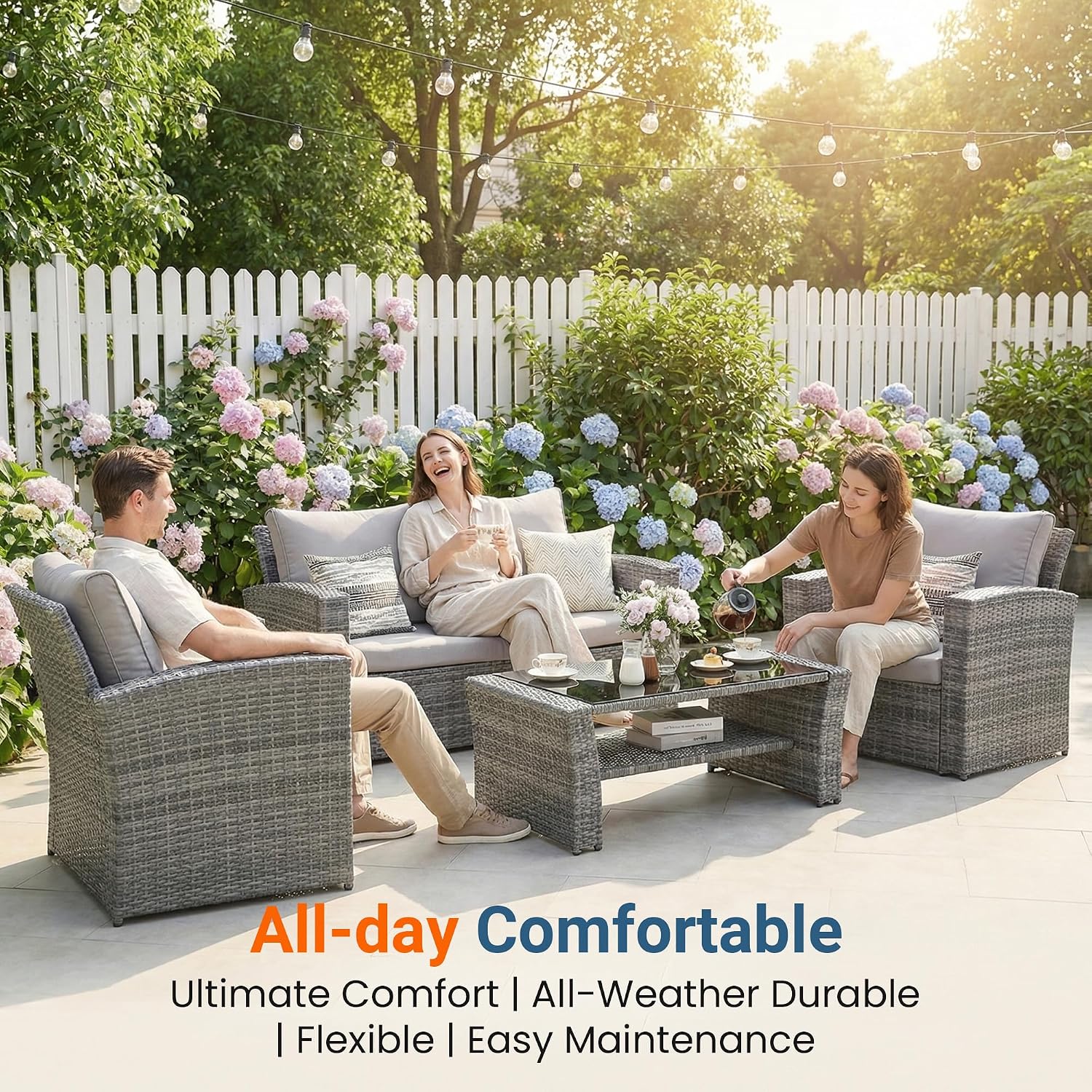 Wisteria Lane Patio Furniture Set, 5 Pieces Wicker Outdoor Furniture for All Weather, Patio Sofa with High Backrest Support and Wide Armrest for Backyard, Balcony, Deck, Porch, Light Gray