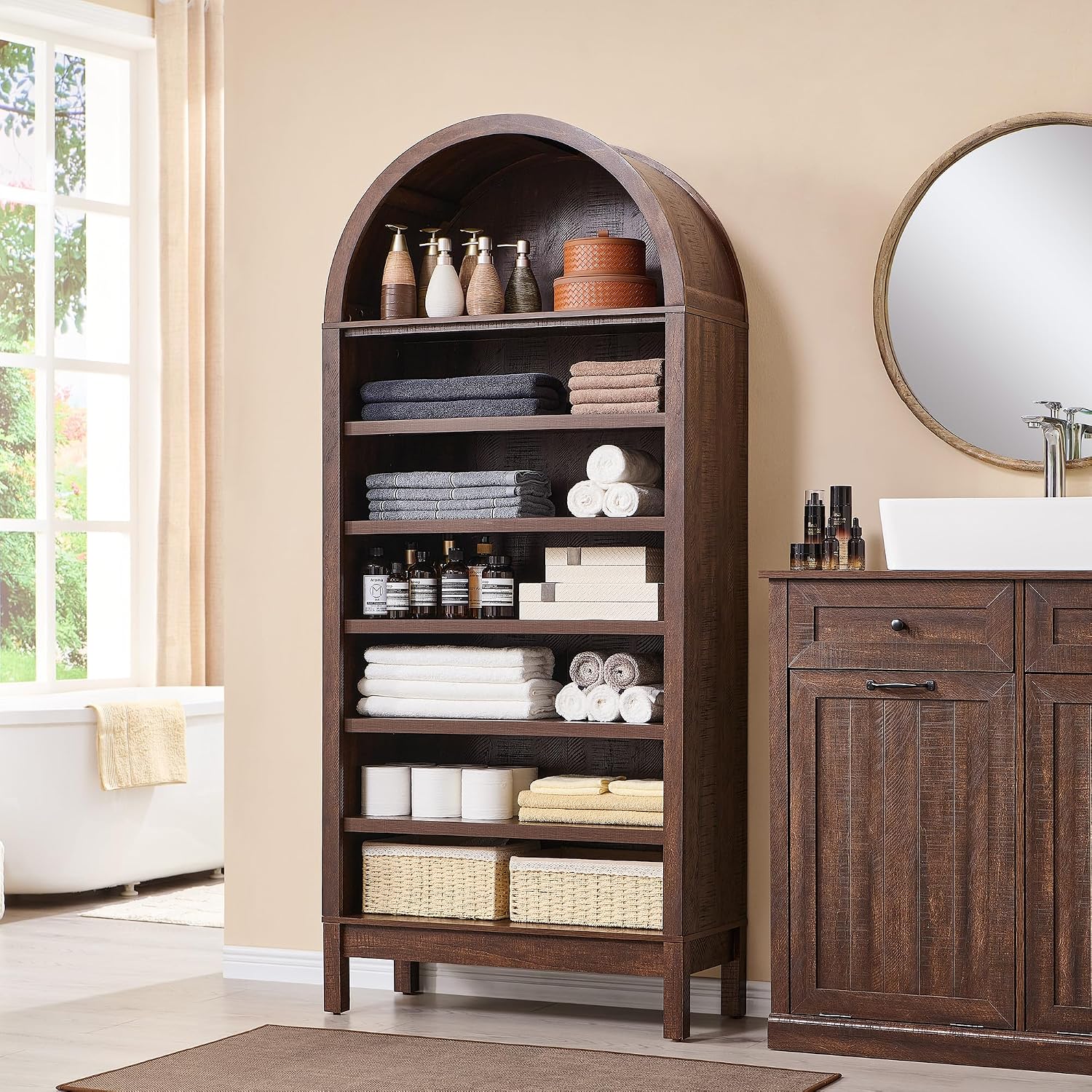 IFGET 71' Tall Arched Bookshelf, 7 Tiers Arch Bookcase with Storage, Modern Farmhouse Book Shelf with Adjustable Shelves, Wood Bookshelf w/Open Display Shelves for Living Room, Office (Brown)