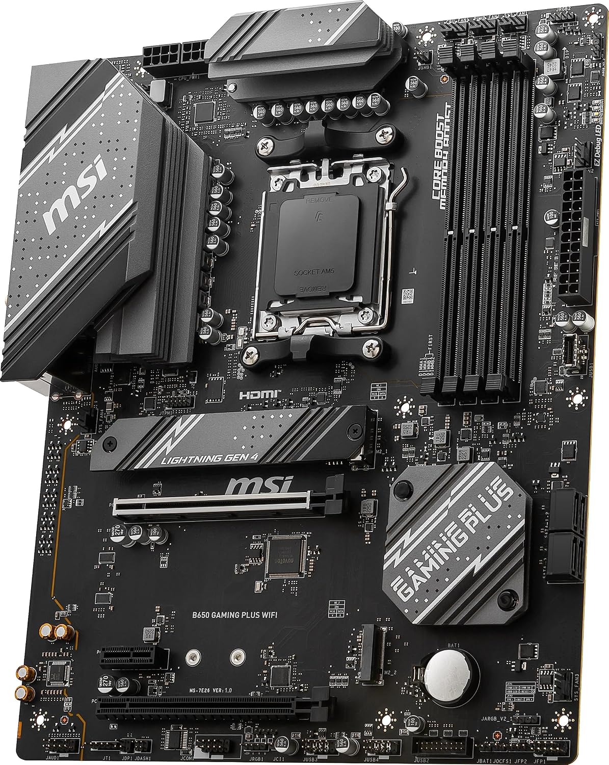 MSI B650 Gaming Plus WiFi Gaming Motherboard (AMD Ryzen 9000/8000/7000 Series Processors, AM5, DDR5, PCIe 4.0, M.2, SATA 6Gb/s, USB 3.2 Gen 2, HDMI/DP, Wi-Fi 6E, Bluetooth 5.3, 2.5Gbps LAN, ATX)