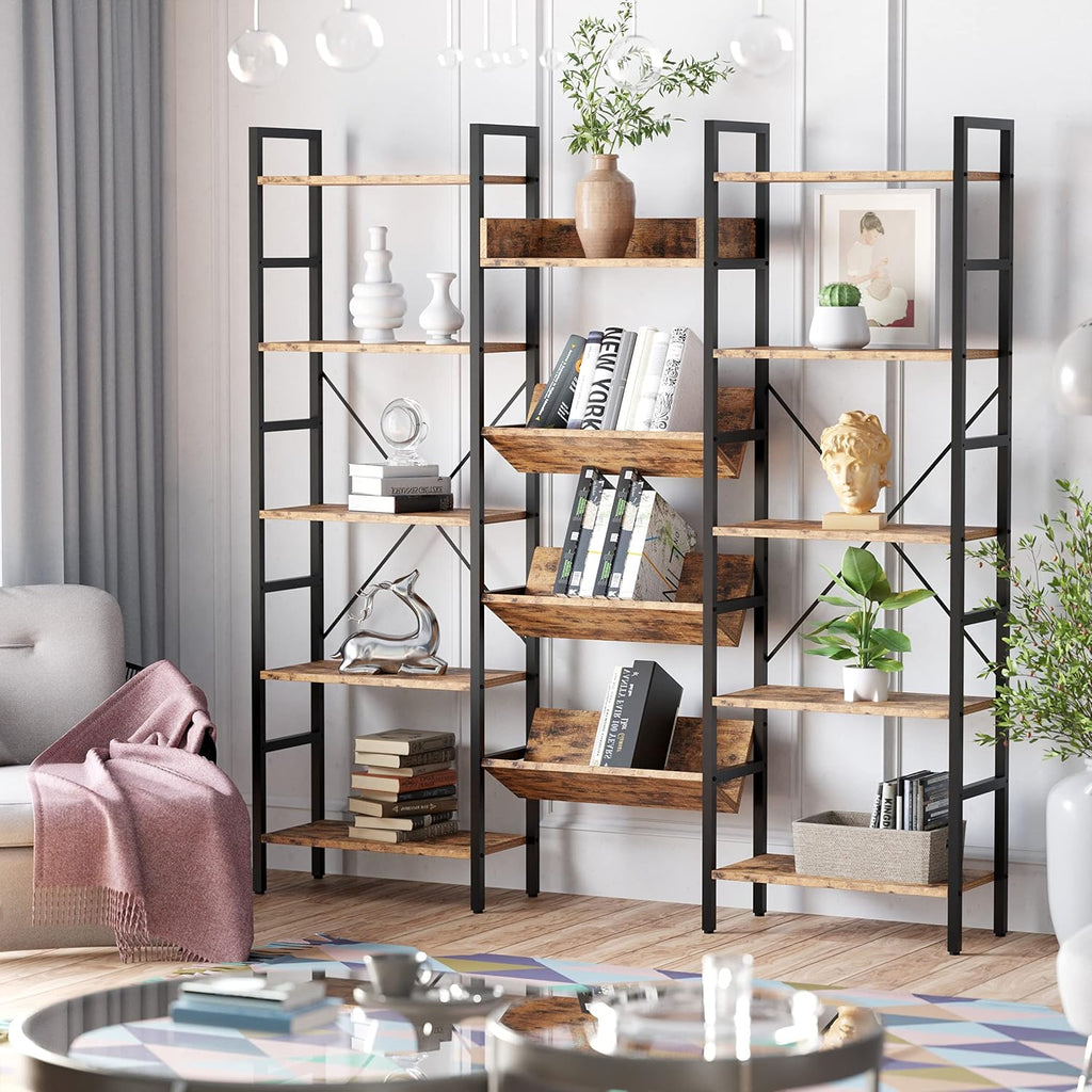 IRONCK Bookshelf, Bookshelves and Bookcases, Triple Wide 5 Tiers Book Shelf with Baffles, Industrial Bookshelf with Metal Frame for Living Room, Home Office