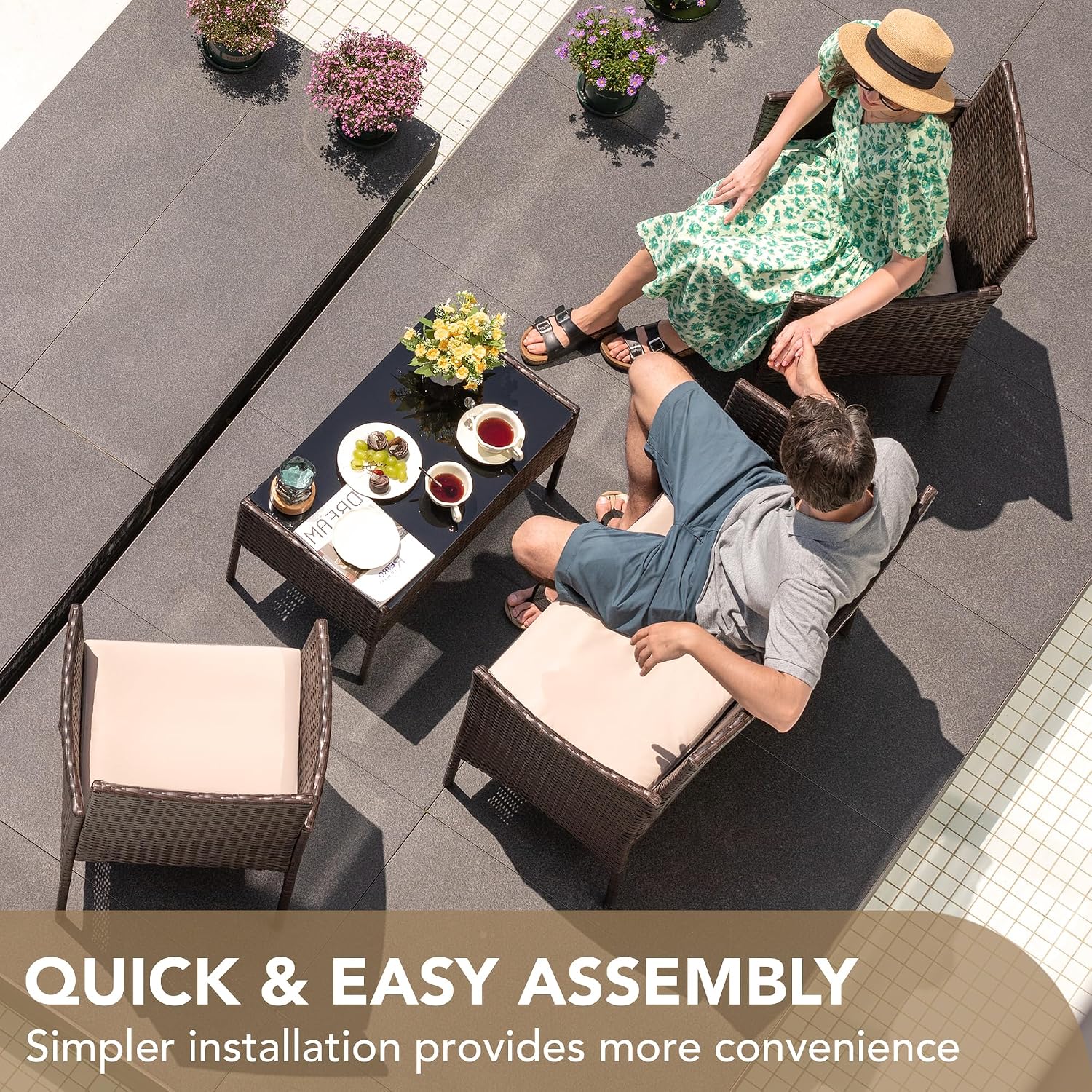 Devoko 4 Pieces Outdoor Patio Furniture Set, PE Rattan Wicker Chairs Balcony Lawn Porch Patio Furniture Sets with Beige Cushion and Table (Brown)