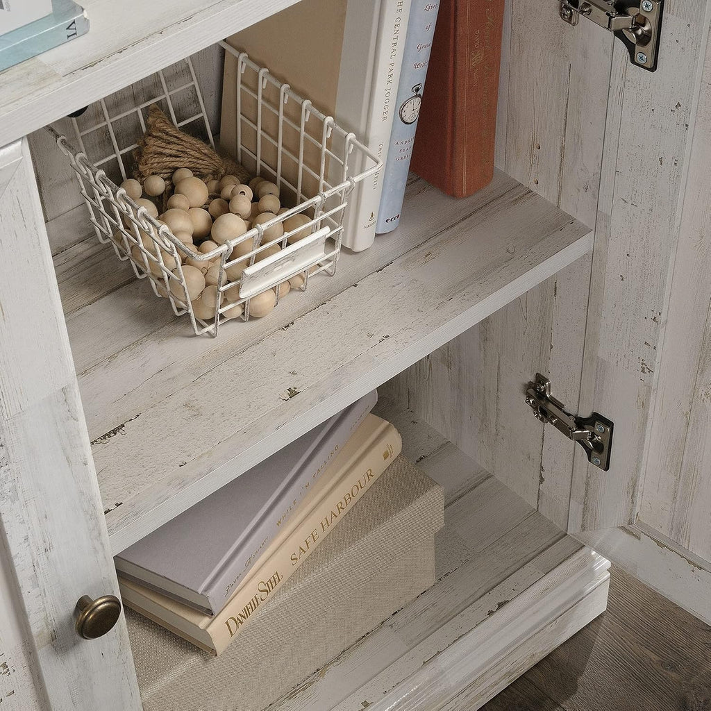 Sauder Select Book Shelf, Bookshelf with Storage, Library Bookcase with Doors and Adjustable Shelves, in White Plank