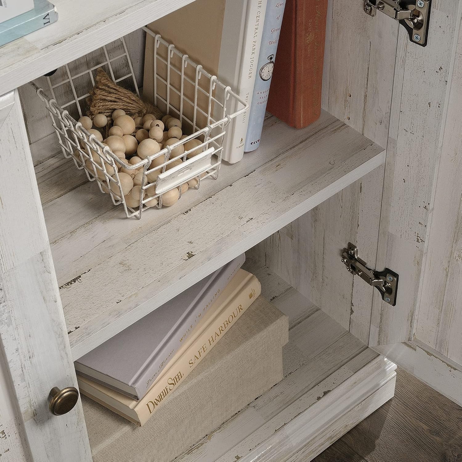 Sauder Select Book Shelf, Bookshelf with Storage, Library Bookcase with Doors and Adjustable Shelves, in White Plank